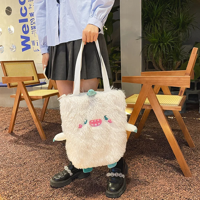 Women new Japanese cute funny plush handbag personality embroidery little monster plush girl student shoulder bag female bag