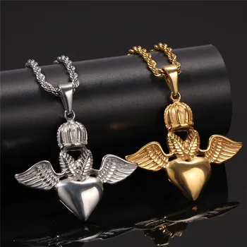 

2pcs Stainless Steel Angel Wings Crown Heart Pendant Necklace For Women Men Hip Hop Couple Jewelry Valentine'S Gift