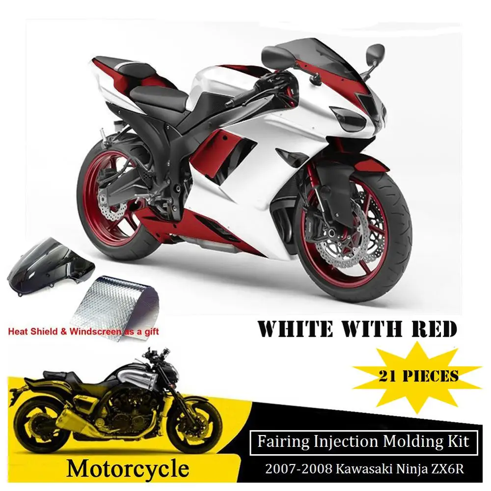 

White w/ Red Complete Injection Fairing Bodywork Kit for 2007 2008 Kawasaki Ninja ZX 6R ZX6R ABS Plastic Full Body Work Kit