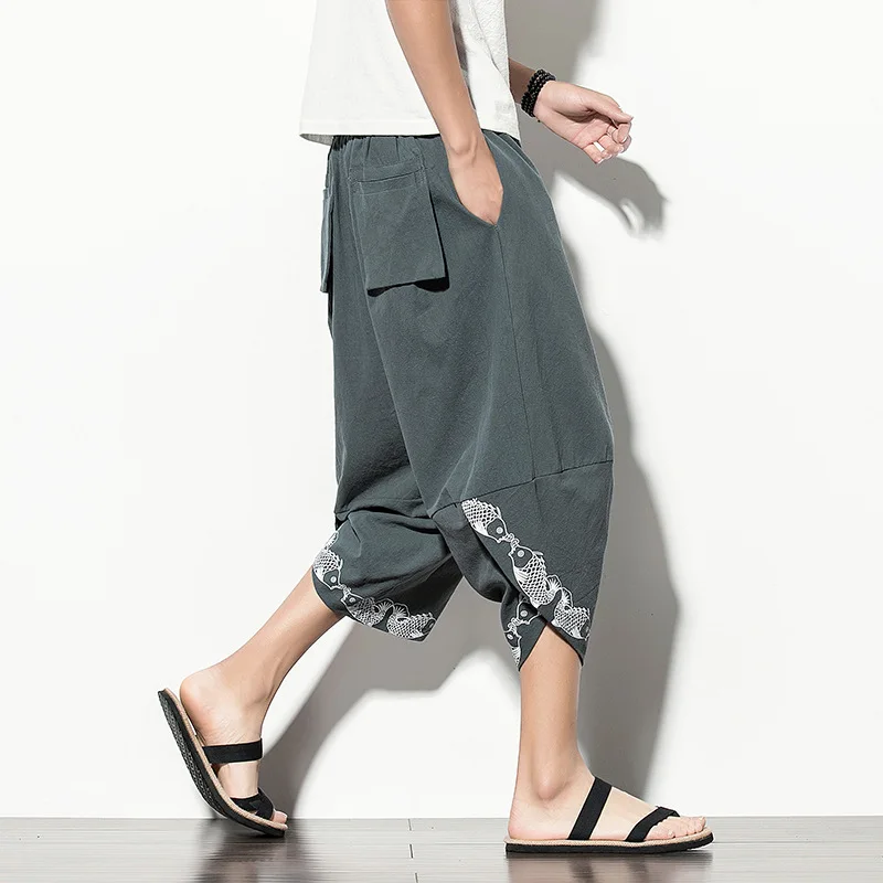 

2019 Summer New Style Chinese-style Wide-Leg Beach Capri Pants Loose-Fit Printed Retro Pocket Decoration Youth Men's Trousers