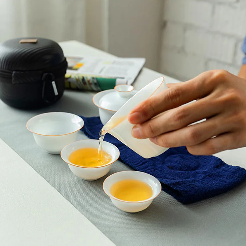 Tea Set Suit Ceramic Travel Home Office Cup Container with Bag Tea Sets A Pot Two Cups Portable Teapot Cup