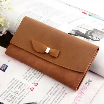 

Women's wallet long ultra-thin bow PU leather solid color card package