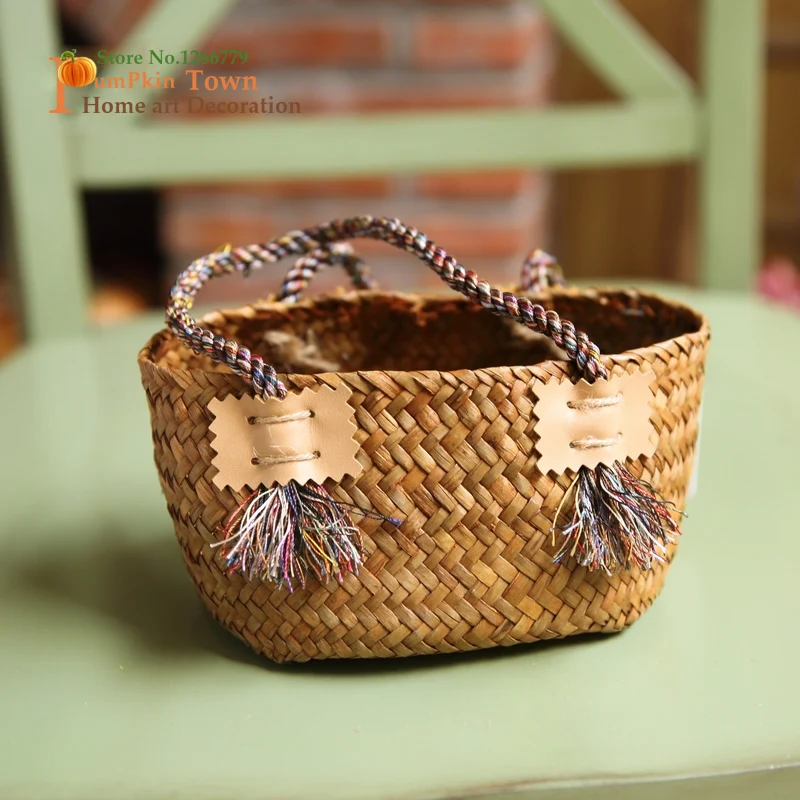 Multifunction Ethnic style practical basket,seaweed hand-woven,colored rope knitting basket,natural material hand-made