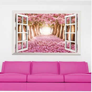 

Romantic Pink Flower Trees Wall Decals Fake Window Home Decor 3D Scenery Vinyl Poster for Wedding Living Room Bedroom Decoration