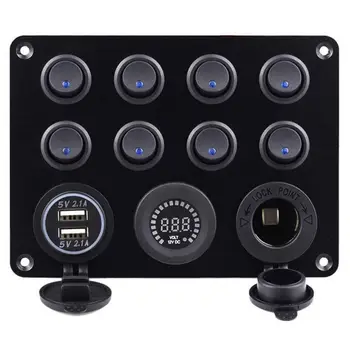 

4.2A Dual USB Smart Charger Socket 8 Group ON-OFF Toggle 12V Precise Voltmeter Rocker Switch Panel for Car RV Truck Boat