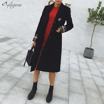 

Ailigou 2020 New Autumn And Winter Women'S Sexy Mid-Length Coat Single-Row Button Belt Embroidered Slim Long-Sleeved Coat