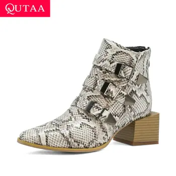 

QUTAA 2021 Square Heel Pointed Toe Ankle Boots Autumn Winter Buckle Zipper Women Shoes PU Leather Denim Short Boots Size 34-43
