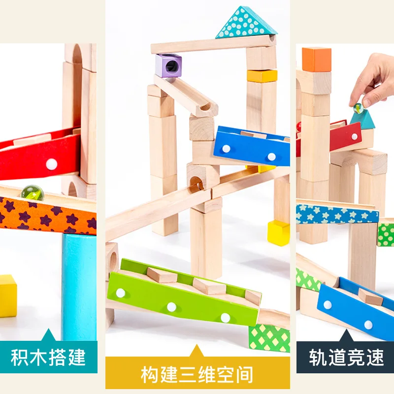 

Wood Children'S Educational Parent And Child Ball Bearing Camera Track Slide Building Blocks Bricks Pro Marble Assembling Buildi
