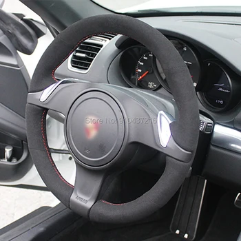 

For Porsche Cayenne Panamera 2010 2011 2012 DIY Multicolor Suede Leather Steering Wheel Red Stitch on Wrap Cover