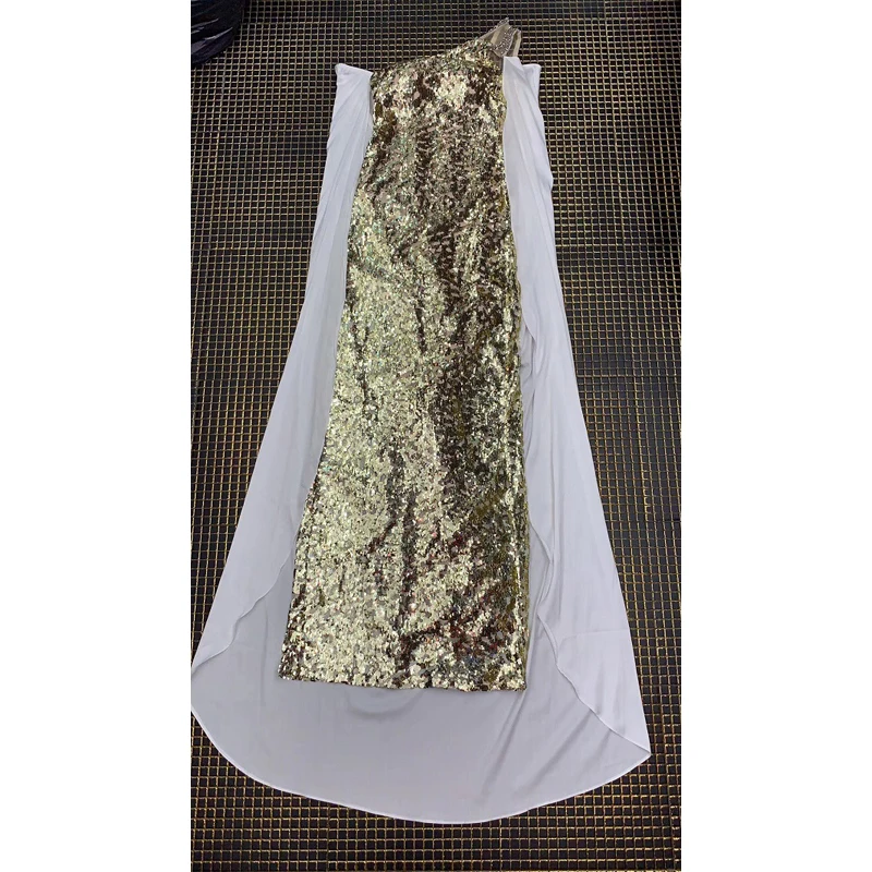 Элегантное Золотое длинное платье с блестками, высококачественное сексуальное платье на одно плечо, Бандажное платье для женщин, вечерние платья знаменитостей