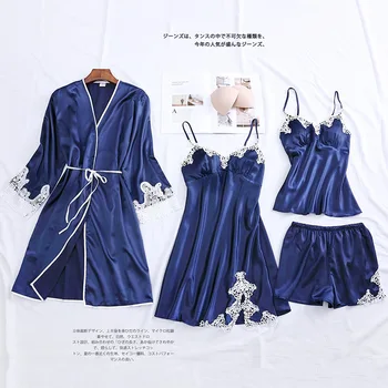 

2020 Spring Autumn Women Silk Pajamas Sets With Chest Pads Flower Print Pijama Sleepwear 4 Pieces Spaghetti Strap Satin Pyjamas