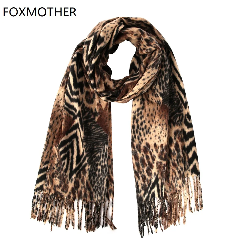 

FOXMOTHER Winter Leopard Zebra Animal Print Scarfs Hijab Wrap Warm Tassel Scarves Cashmere Foulard Femme 2019 Pashmina Shawl