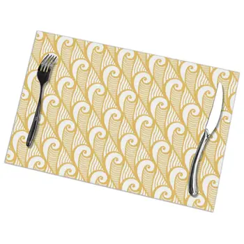 

6 Pcs Placemat Table Mat Abstract Yellow Wave Print For Tables Heat-insulation Linen Kitchen Dining Pads