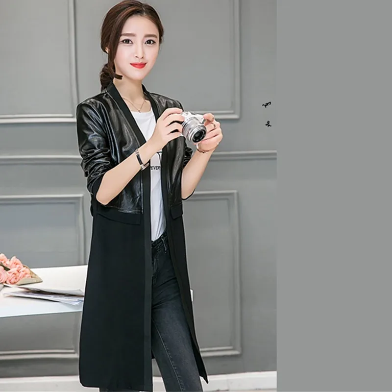 UHYTGF Spring leather jacket female fashion splice leather cardigan coat Long sleeve black Slim women's jacket Big size top 463