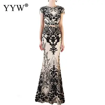 

Fashion Floral Embroidery Women Evening Dresses Short Sleeve Elegant Long Party Gowns Sexy Robe Femme Special Occasion Wear 2019