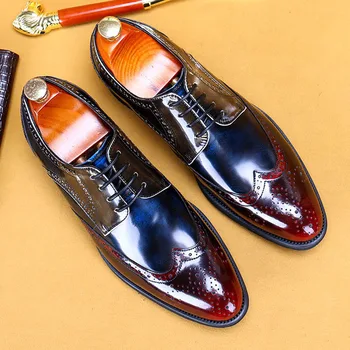 

Luxury Mens Brogue Oxford Shoes Genuine Leather Dress Shoes Lace-Up Gray Blue Wine Red Wedding Party Men Business Formal Shoes