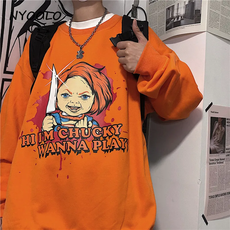 NYOOLO Harajuku стиль мультфильм Чаки буквы печати теплая толстовка осень зима o-образным вырезом пуловер плюс бархат толстовка для женщин и мужчин - Цвет: Оранжевый