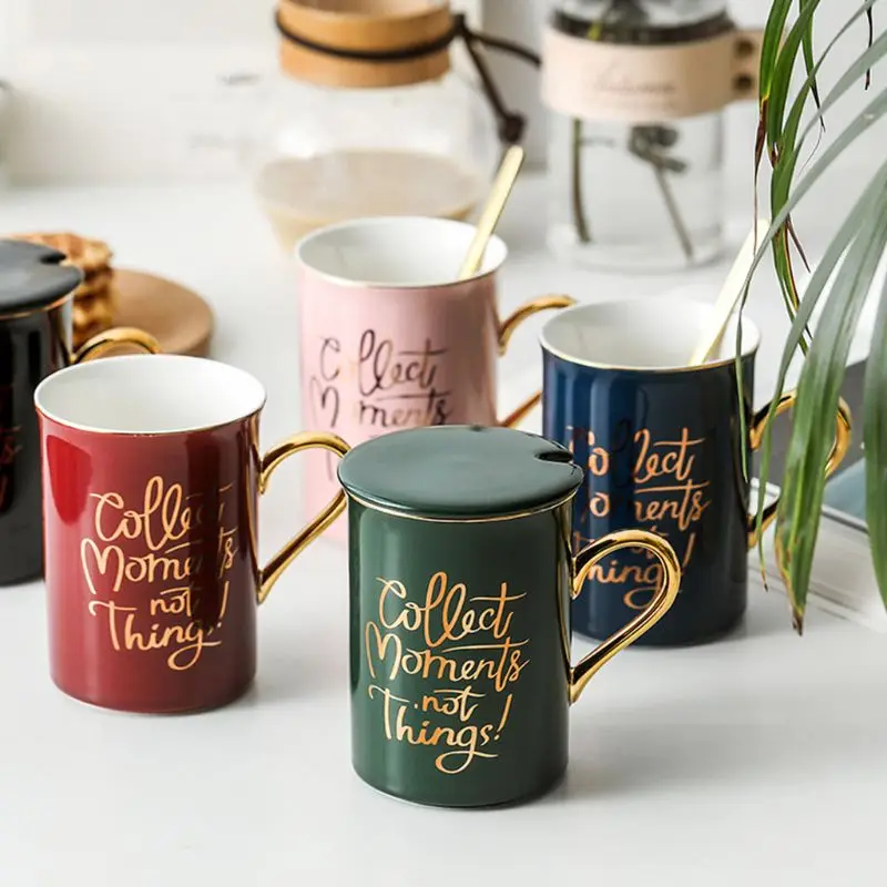 Керамическая кружка с крышкой "Collect moments not things", ложка из нержавеющей стали, чайная чашка