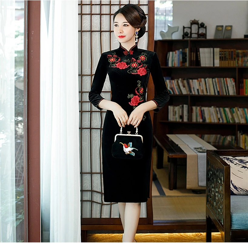 Традиционное платье Чонсам осень зима cheongsam Женский Большой размер cheongsam мать загружен Золотой Бархат модифицированный cheongsam платье