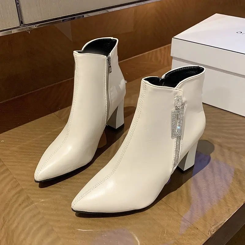 

2020 Sexy High Heel Boots for Woman Fashion Leather Pointe Women Ankle Boots Thick Heel Office Ladies Boots Female Winter Shoes