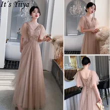 Это Yiiya вечернее платье с v-образным вырезом с коротким рукавом Тюль Длина до пола формальное платье LF195 оборками Блестками Платье трапециевидного силуэта De Soiree