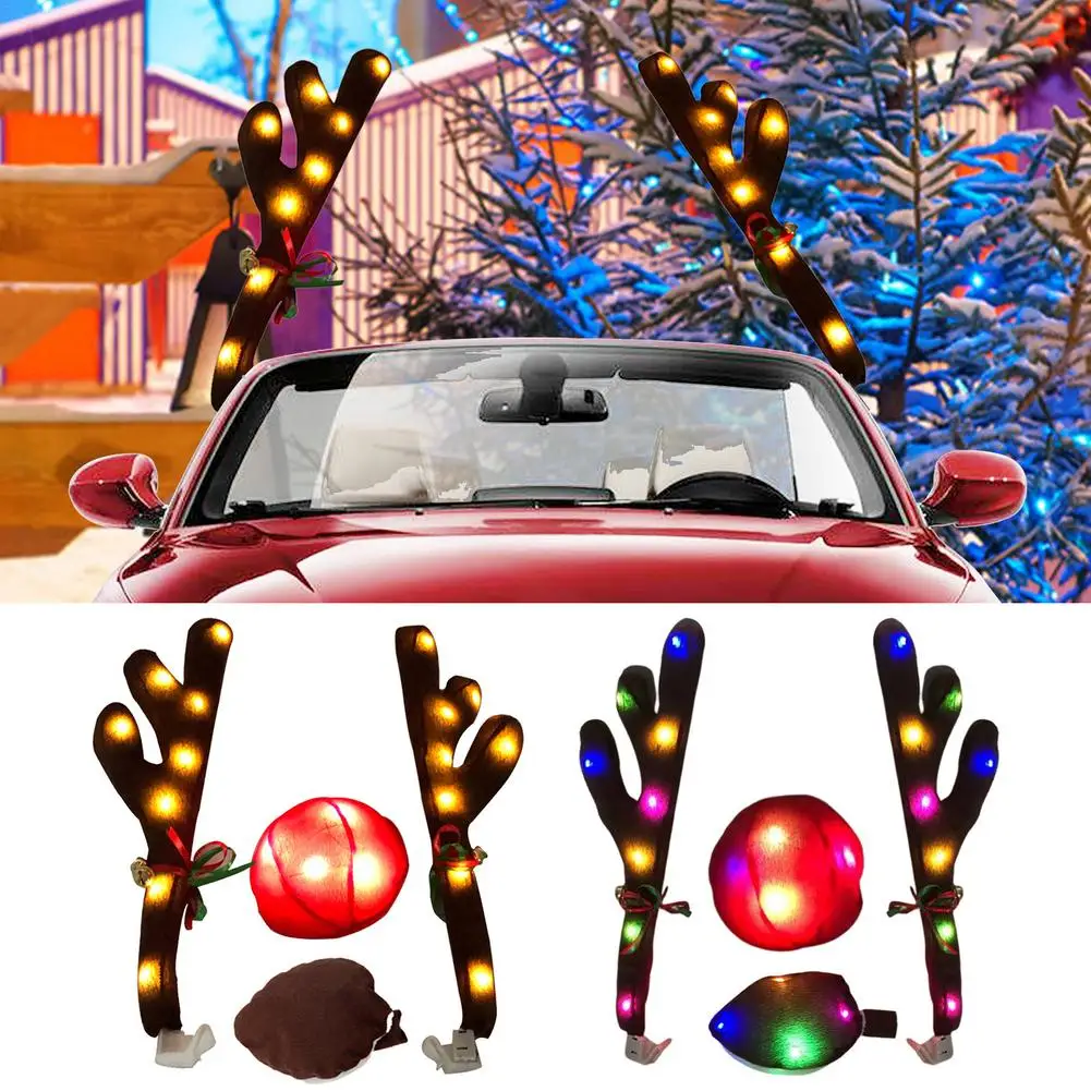 Christmas Car Antlers Decorations Set Automotive Exterior Accessories for Car SUV Van Truck Reindeer Antlers car Decor Include 2pcs Antlers and red Nose with LED Lights and Reindeer Tail 