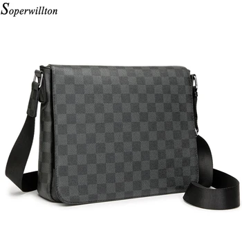 

Soperwillton Brand Vintage Men's Plaid Shoulder Bag Fashion Leather Casual flip iPad Multiple Compartment Crossbody bags #322