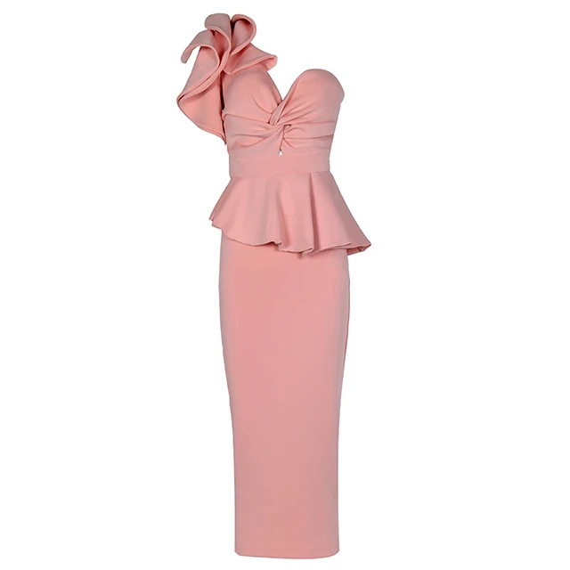 Летнее Новое красное сексуальное платье с бретельками на одно плечо женское элегантное платье до голени с оборками Клубное вечернее платье vestidos - Цвет: Розовый