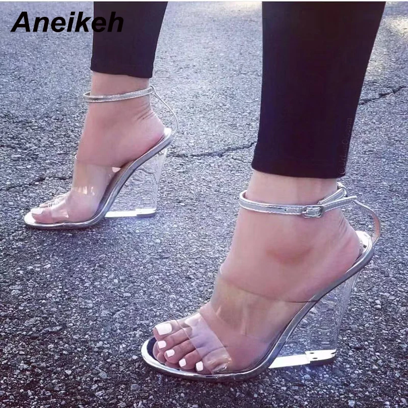 

Aneikeh 2020 Fashion PVC Women Wedges Sandals Peep Toe Basic High Heels Sandals Women Shoes Rome Pumps Silver Champagne Black