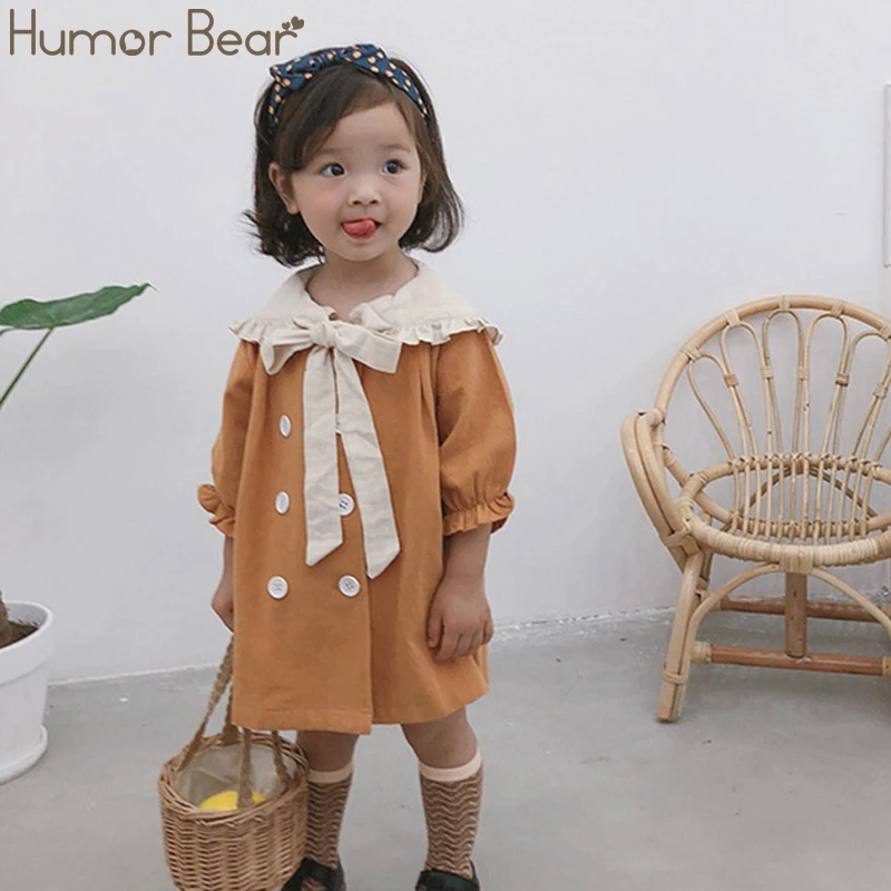 

Humor Bear Kids Dresses For Girls Spring Autumn New Doll Large Lapel Double-Breasted Princess Dress Baby Girls Dress