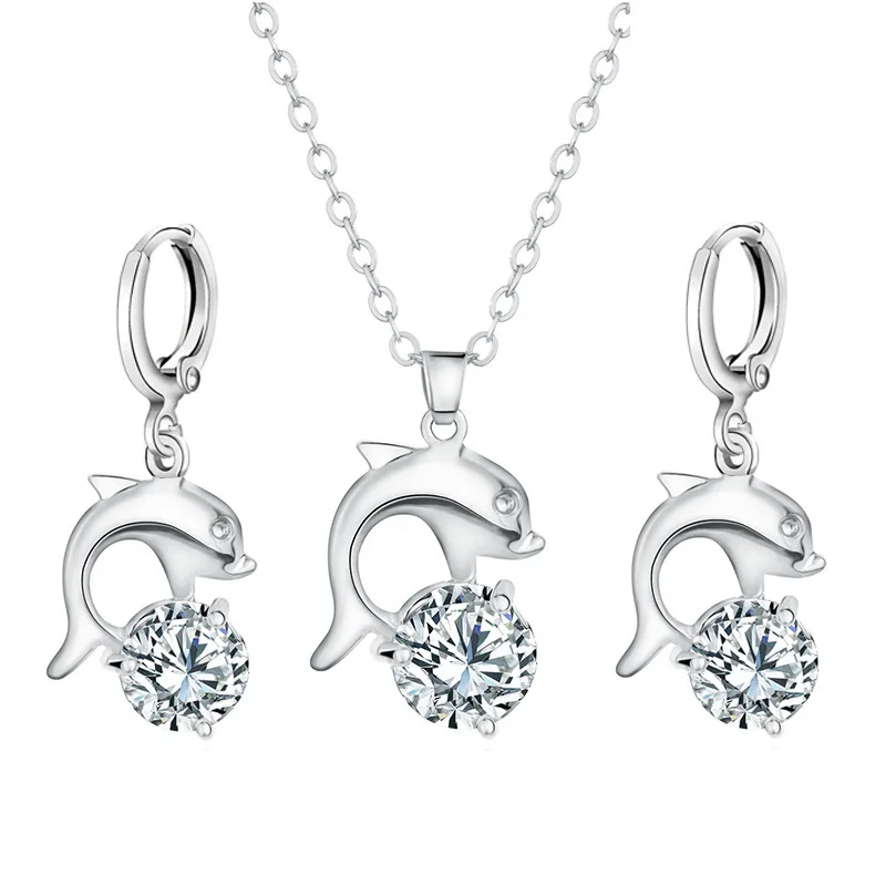 

Hot Selling Simple Dolphin Necklace Earrings Zircon Jewelry Suit European And American-Style Two Piece Set Jewelry