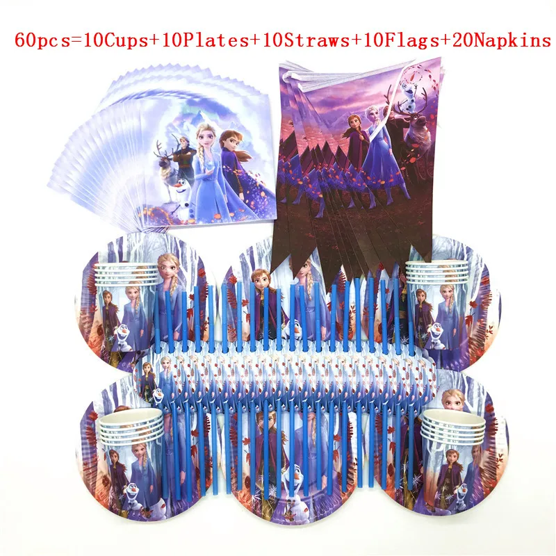 BeiPanXiQiZhi 60pcs 60/90/100 шт наборы бумажной посуды disney «Холодное сердце» 2 платья Эльзы Детский День Рождения Кружки, тарелки, салфетки событие Праздничные баннеры одноразовые расходные материалы - Цвет: BeiPanXiQiZhi 60pcs