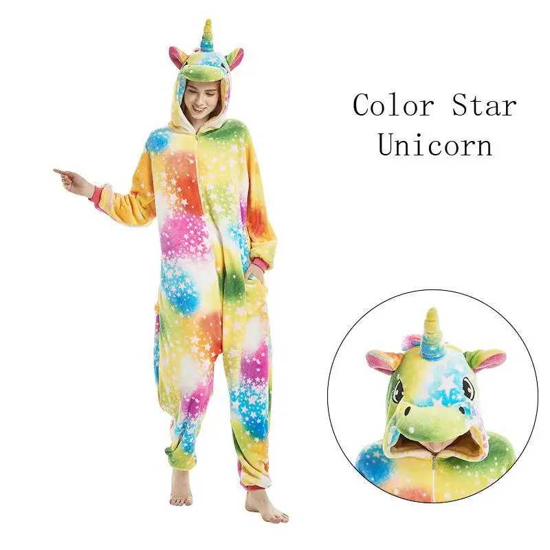 Color Star Pegasus Kigurumi единорог пижамы животных Onesie для женщин мужчин пижамы взрослых мультфильм животных Динозавр зимний Пижамный костюм стежка комбинезоны - Цвет: Color Star Pegasus