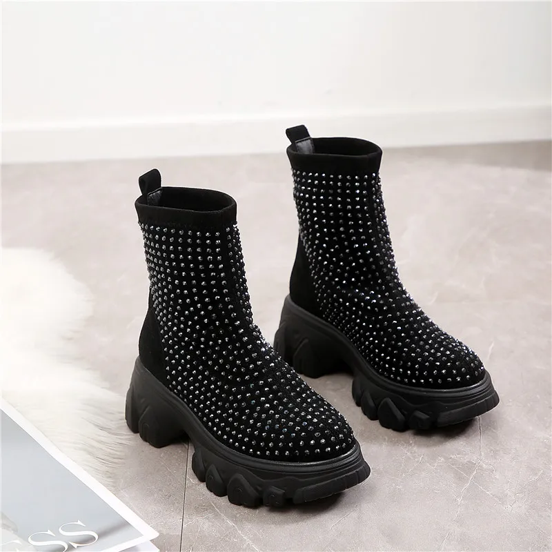 Skup RASMEUP damskie buty zimowe Rhinestone kobiety platforma Boot 2019 moda Stretch ciepłe gruba podeszwa panie Chunky buty Big Size