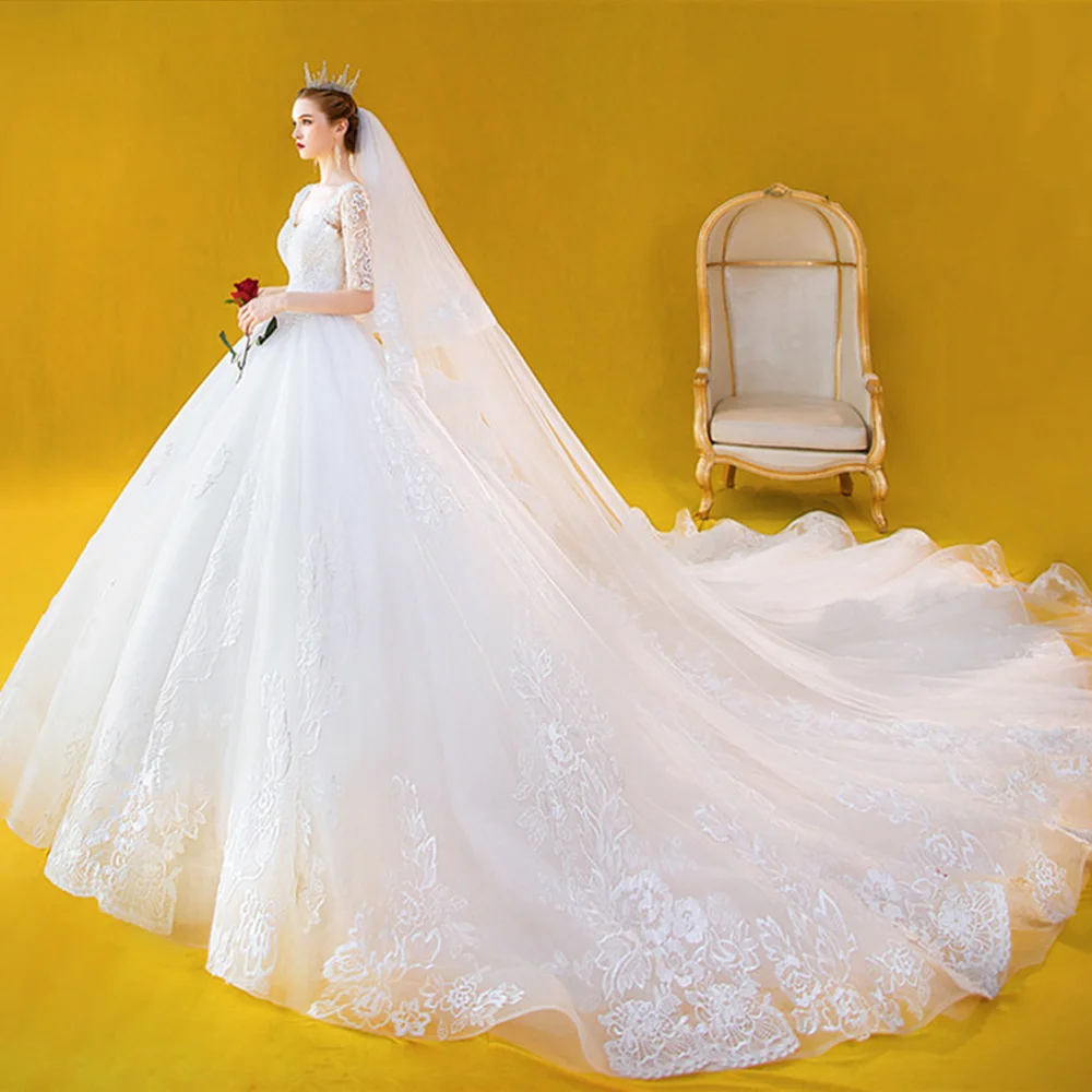 Abiti Da Sposa изготовленный на заказ половинный рукав v-образный вырез шнуровка сзади аппликации Белое Бальное платье Свадебные платья с подъюбником Gelinlik