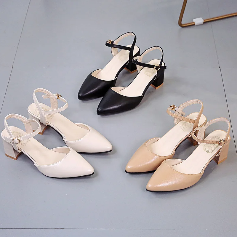 

Sandals Women's 2020 Summer New Style Semi-high Heeled Chunky Heel Pointed Semi-Closed-toe Low Top Straight-line Buckle Versatil