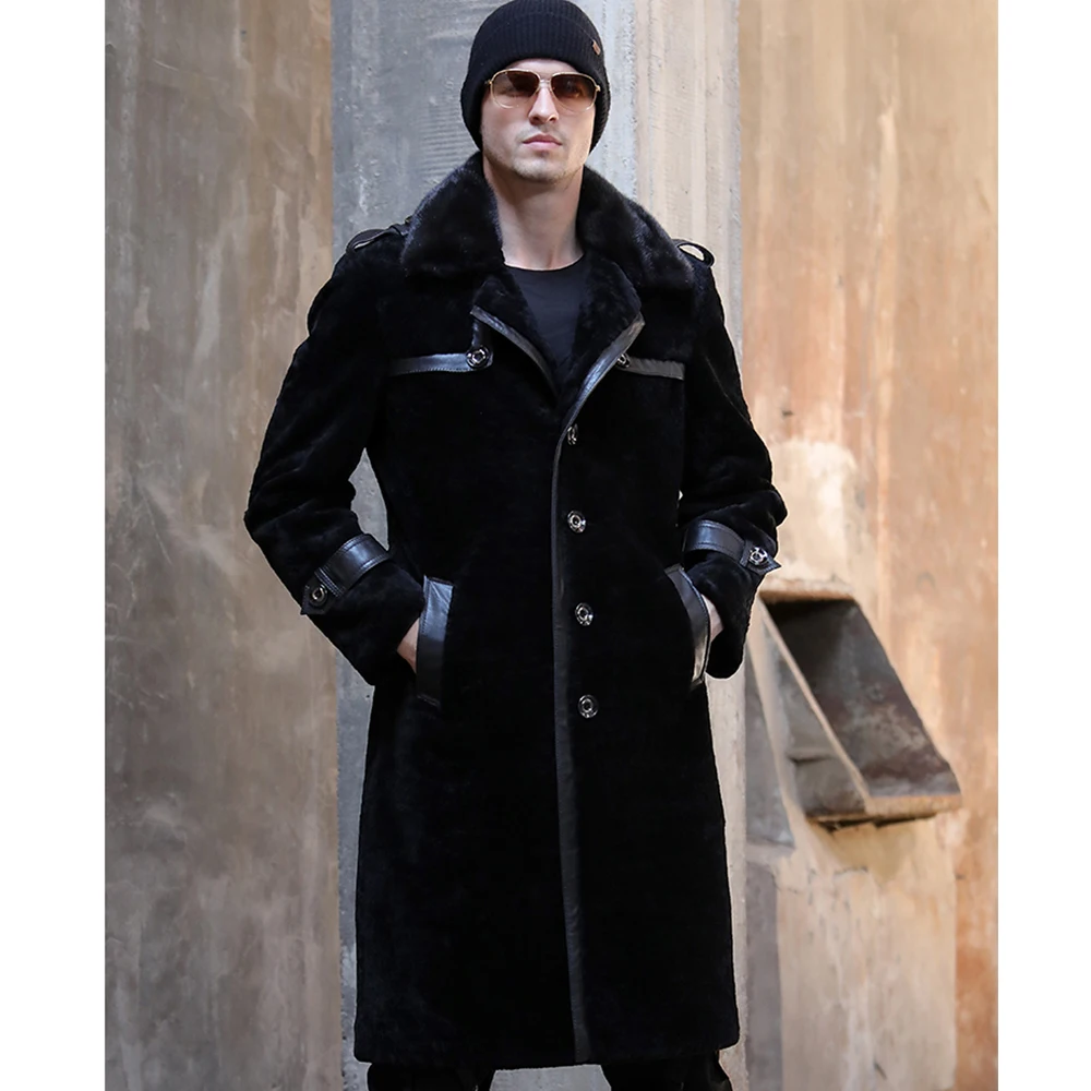 SANI, длинная Меховая куртка из овчины, натуральный мех, зимняя утолщенная теплая меховая одежда, Черное длинное меховое пальто для мужчин, темно-синее натуральное меховое пальто