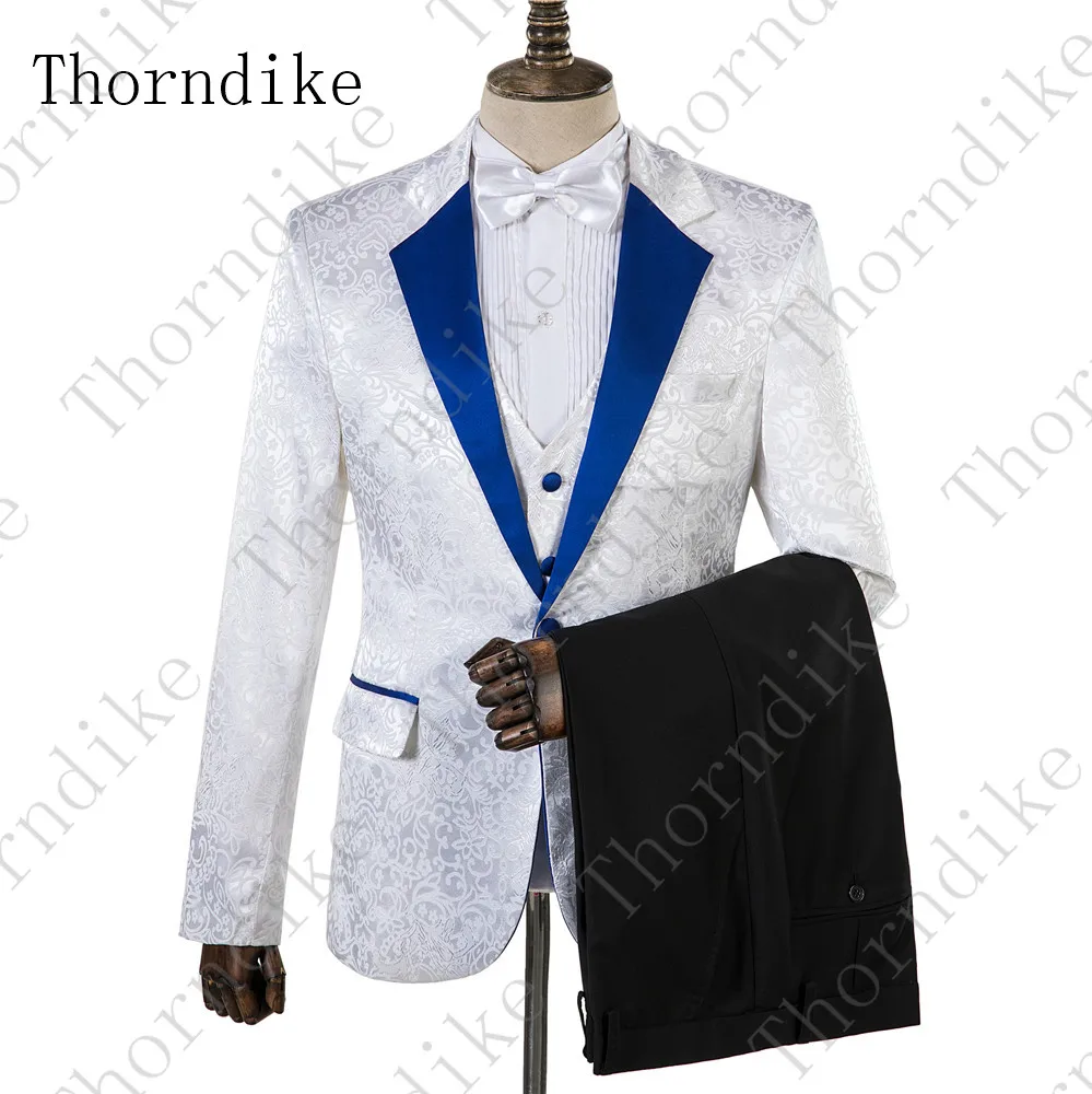 Thorndike Классический Белый Жаккардовый костюм для мужчин комплект из 3 предметов деловой Банкетный мужской костюм с синей шалью с отворотом мужской костюм брюки с жилеткой