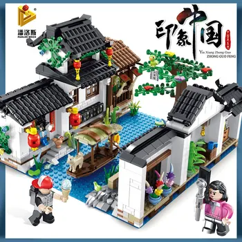 

New impression Chinese style series New Year dinner Jiangnan Water Town Bistro building module New Year gift toys for children