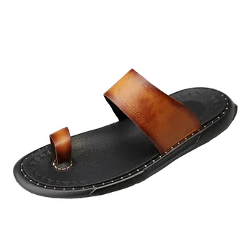 

Summer Slippers Men Cowhide Slides Outdoor Wear Casual Leather Slippers Men Shoes