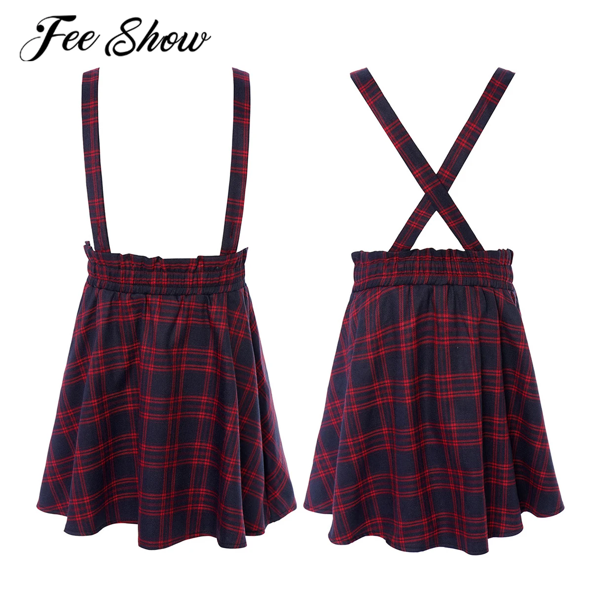 Kids Girls Suspender Plaid Skirt School Mini Pleated Skirt Cross Back Elastic Waistband Straps