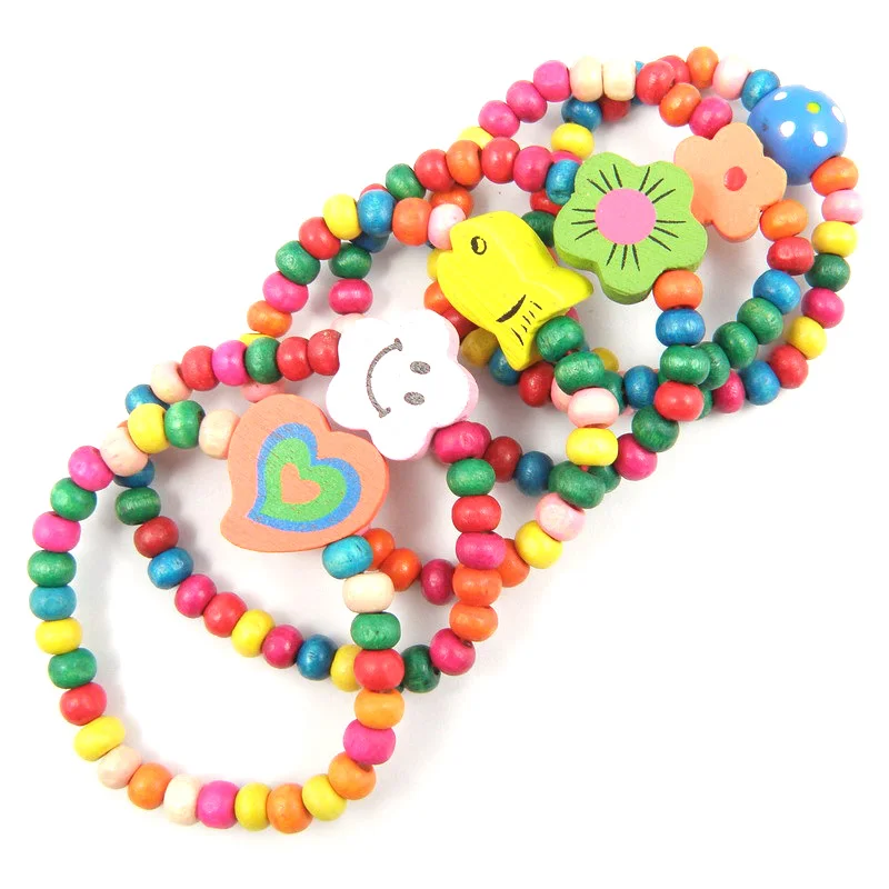 

5pcs/lot Cute Kids Bracelets Natural Wood Elastic Smile Face Heart Beads Bracelet Child Girl Jewelry Gifts