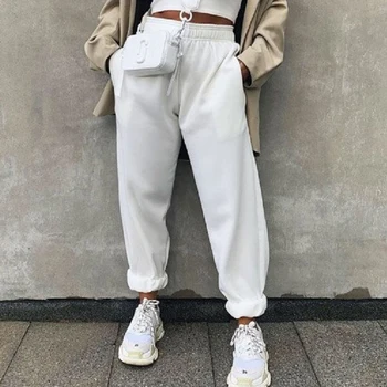 

Women Solid Color Cotton Long Pants Autumn Winter Female Sport Running Casual Loose Trousers Black White Gray