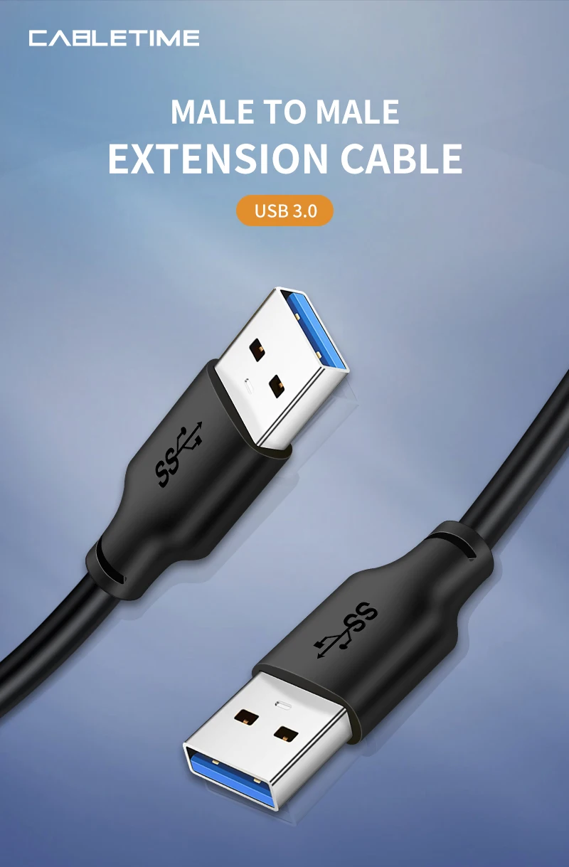 CABLETIME USB to USB Male Extension Cable Type A Male USB 3.0 Extender for Radiator Hard Disk Webcom USB 3.0 Cable N312