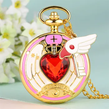 

Cosplay Cardcaptor Sakura Theme Pocket Watch with for Girl Star Magic Cane Necklace Watches with Sealing Scepter Hanging