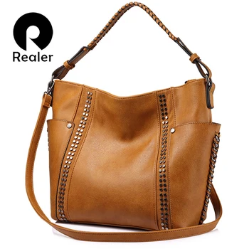 

REALER women handbag with rivets, female large tote bag ladies shoulder crossbody bags, fashion brown purses and handbags