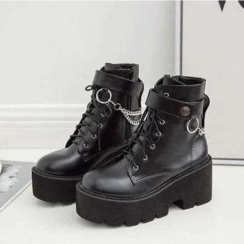 online 2020 Moda Metal Correntes Chunky Plataforma Botas Femininas Dedo Do Pé Redondo Martin Botas De Inverno Preto Punk Botas Goth Botas Botas Botas Mujer