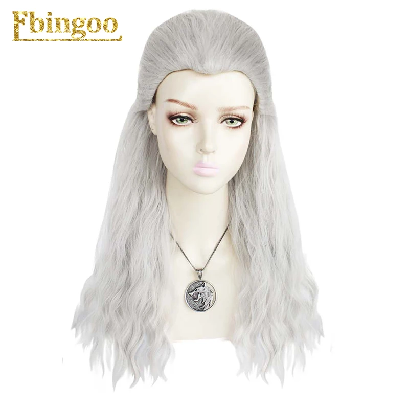 

Ebingoo The Witcher Season Geralt z Rivii Wig Long Water Wave Silver White Synthetic Cosplay Wig Halloween Costume Wig for Men