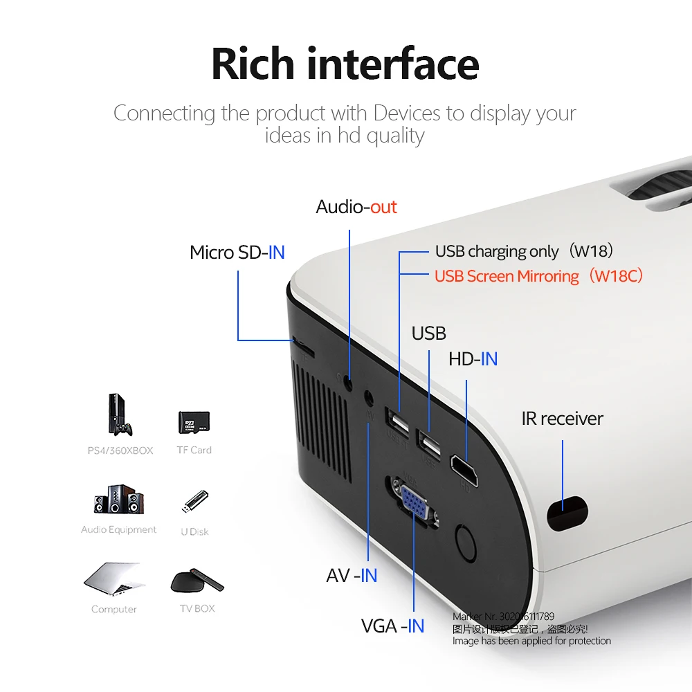 Aun mini projetor w18, 2800 lumens (opcional android 6.0 wifi w18d), suporte completo hd 1080p led projetor 3d casa teatro-4