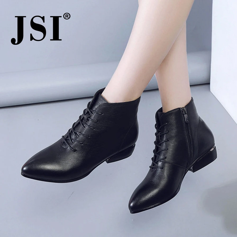 

JSI Boots Women Pointed Toe Square Heel Low Heels Winter Basic Ladies Shoes Solid Simple Zip Microfiber Handmade Women Boots JD1